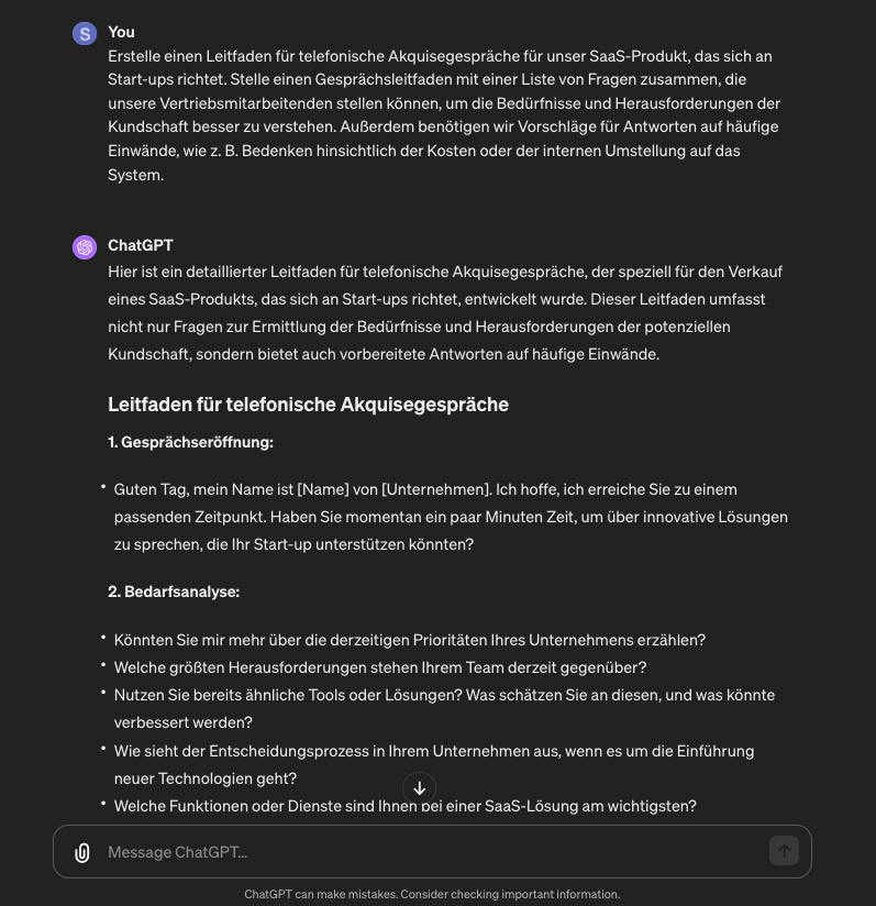 ChatGPT für den Vertrieb Beispiel Leitfaden für Akquisegespräche und zur Einwandbehandlung erstellen