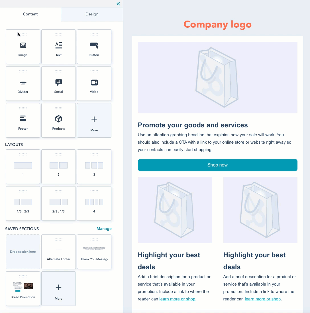 HubSpot drag-and-drop email editor