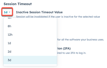A screenshot showing the Session Timeout section in Settings > Security > Settings & Activity. It shows a dropdown where you can select the inactive session timeout value (e.g., 1d for 1 day)