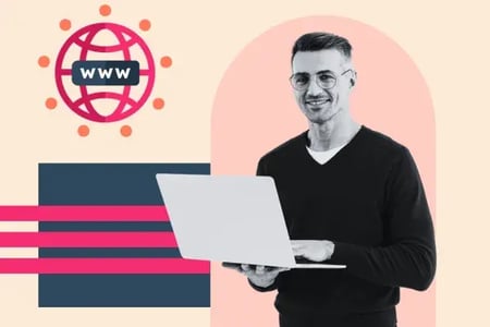 custom domain website, man on laptop choosing domain