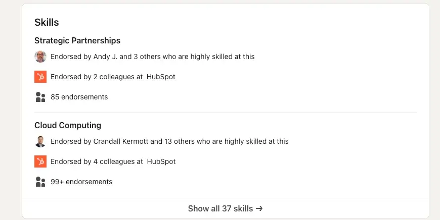 linkedin skills section showing endorsements for strategic partnerships and cloud computing for linkedin for sales prospecting.