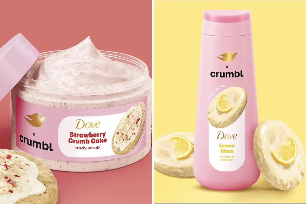 a split-screen photo showcasing a lemon glaze body wash and a strawberry crumb cake body scrub from the dove x crumbl cookie collaboration