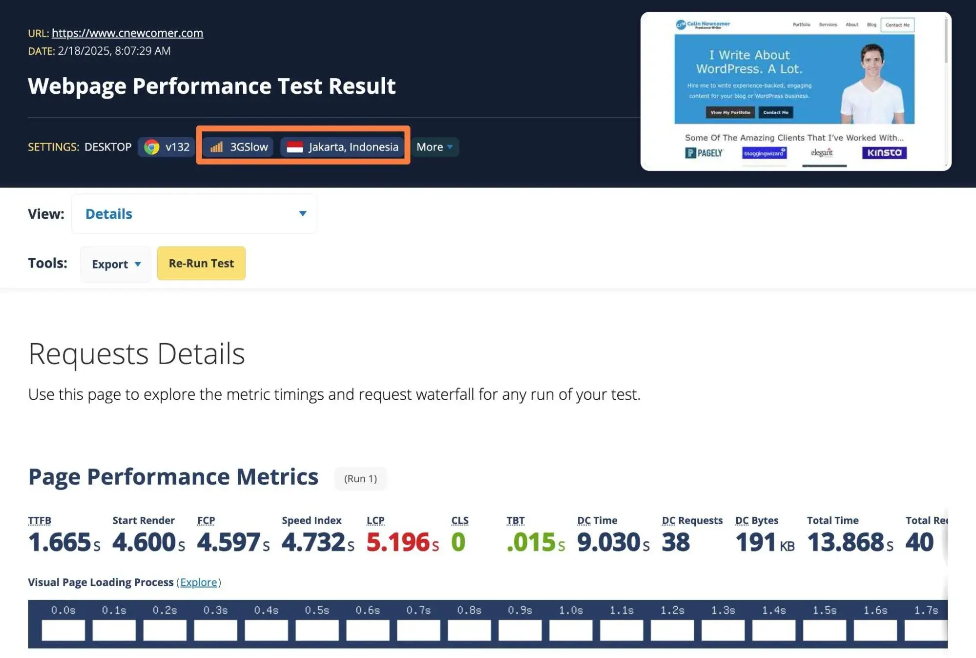 the same website but with a slower test configuration.
