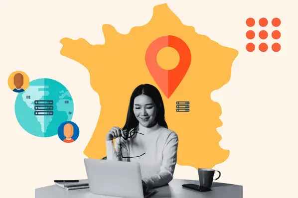 Woman at computer and servers around the world showing how a CDN works